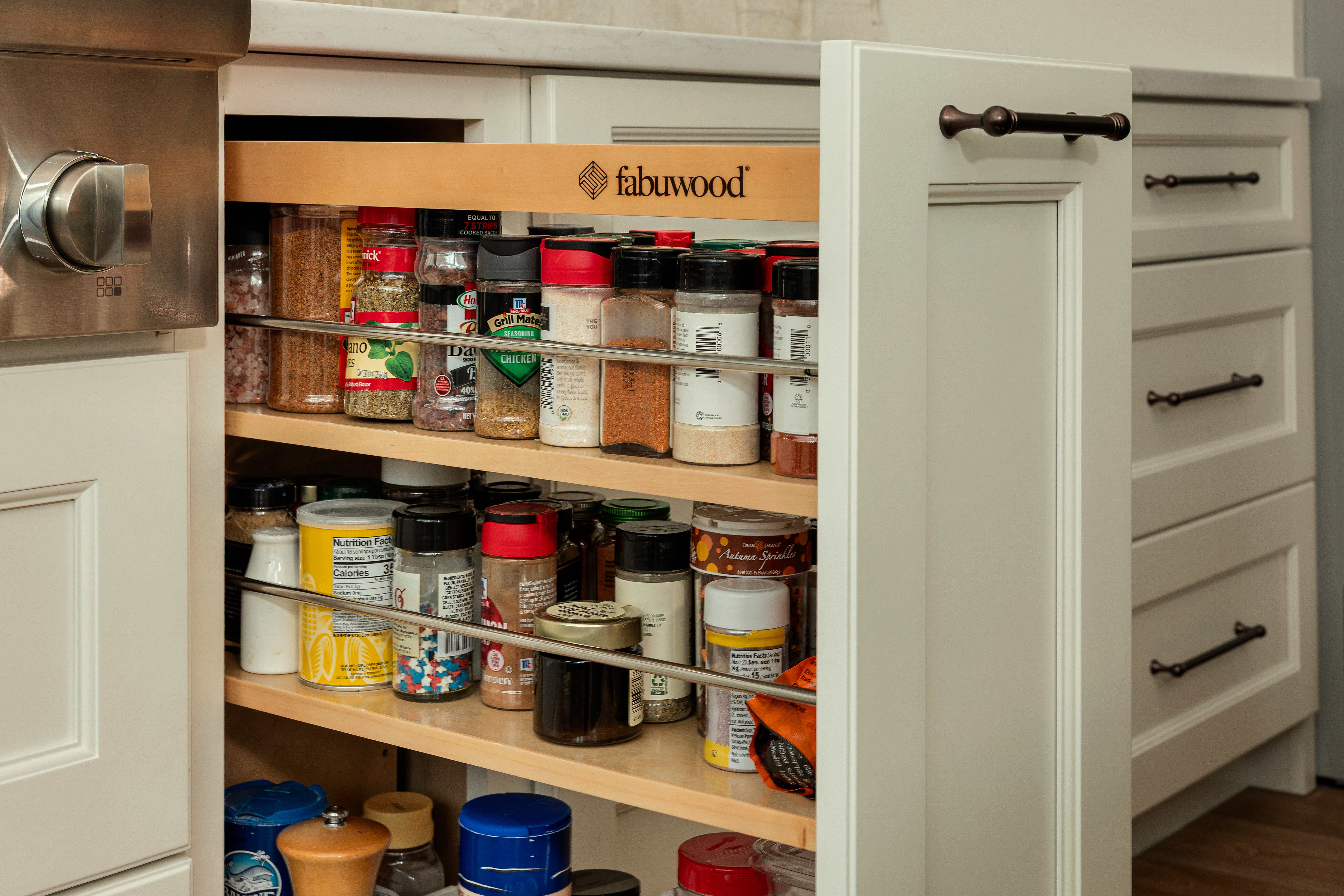 Fabuwood pull-out spice cabinet — product detail photography